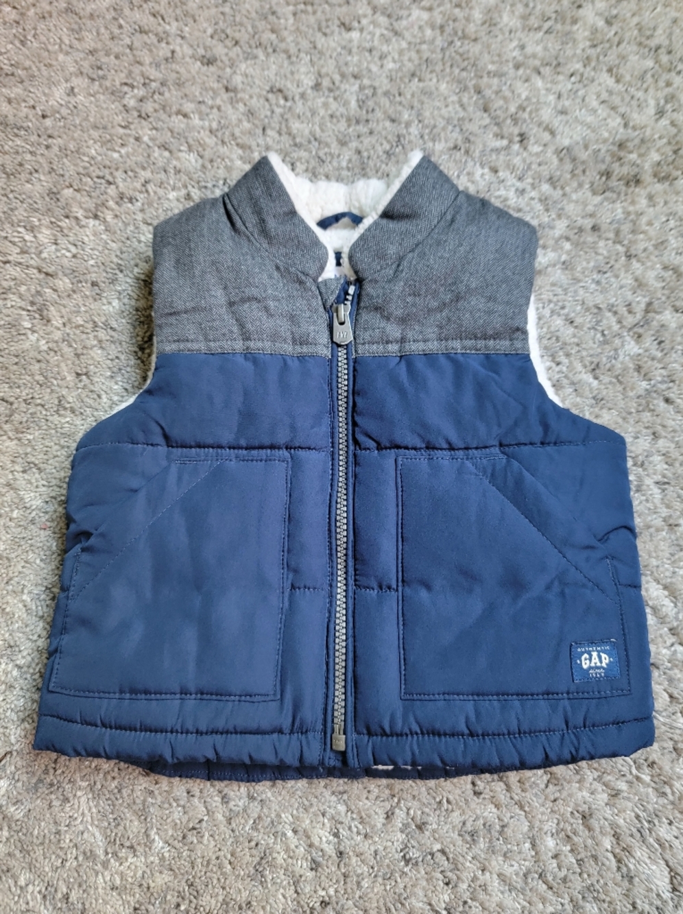 GAP Navy Puffer Vest with Gray Knit Collar 18-24M